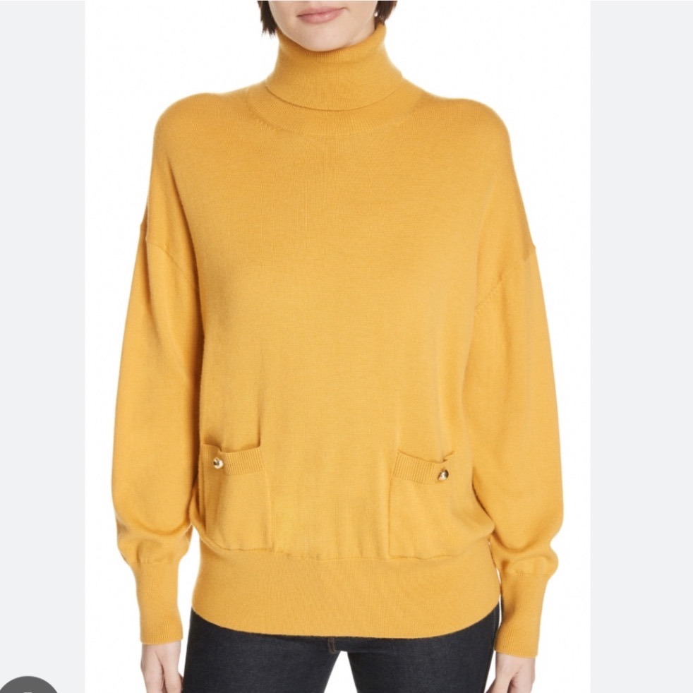 Kate Spade L Turtleneck Pockets Sweater Mustard Yellow Wool Blend Gold Buttons